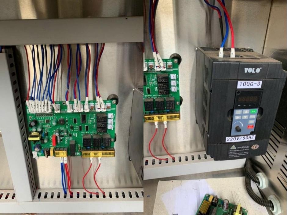 Bên trong tủ điện máy ozone D-80S với bo mạch điều khiển và biến tần