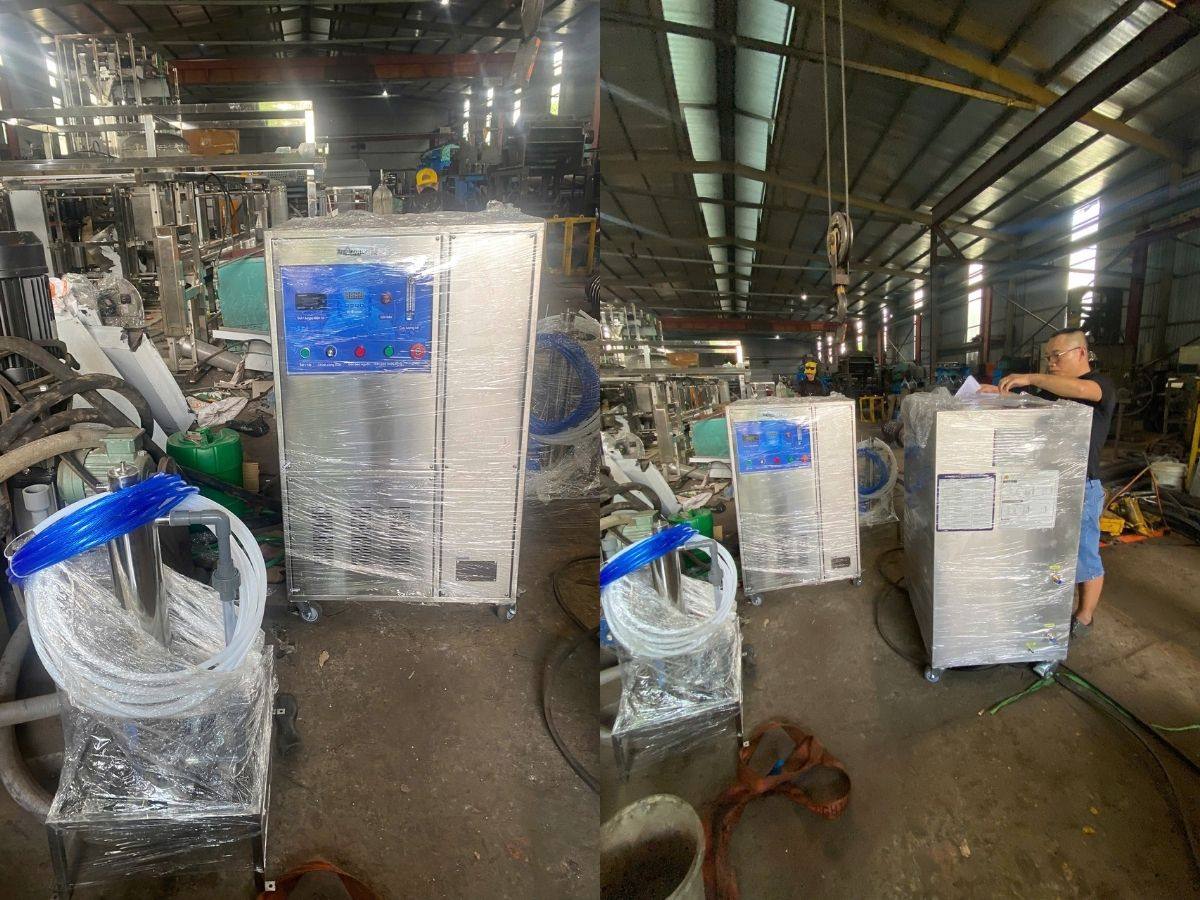 Mặt trước máy ozone công nghiệp D20S và toàn cảnh hai máy trong nhà xưởng